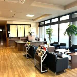 The lobby of Komorebi Funeral Hall and the reception set and magazine rack there