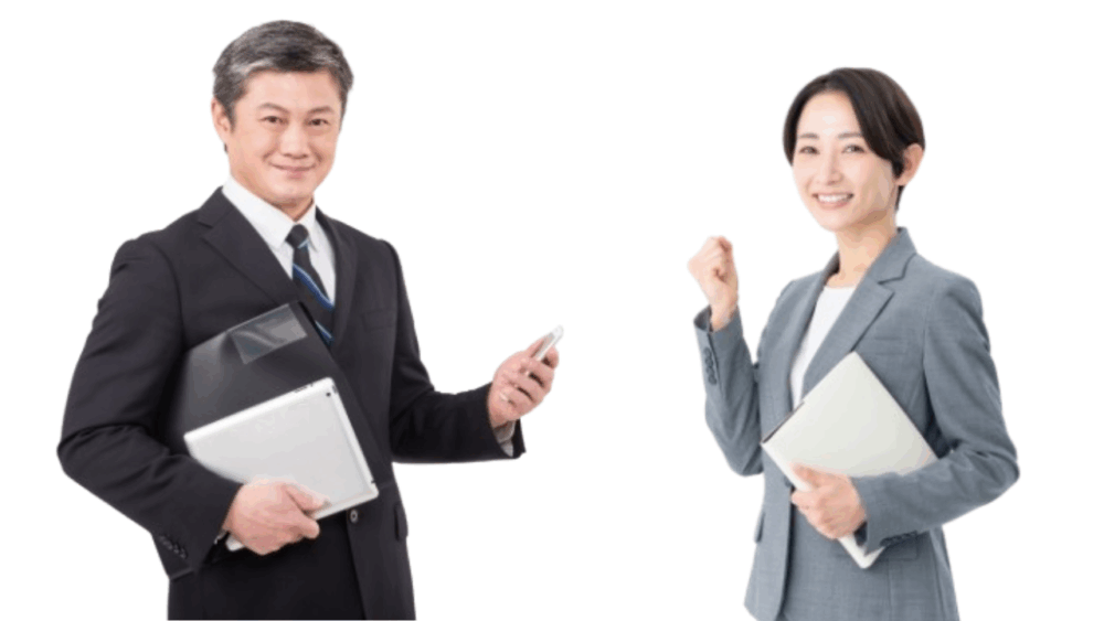 A photo of male and female funeral directors in suits smiling with documents in hand.