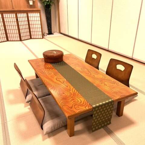 Japanese-style low table for four and cushions