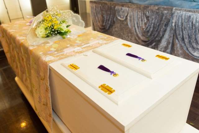 A coffin in the funeral home morgue