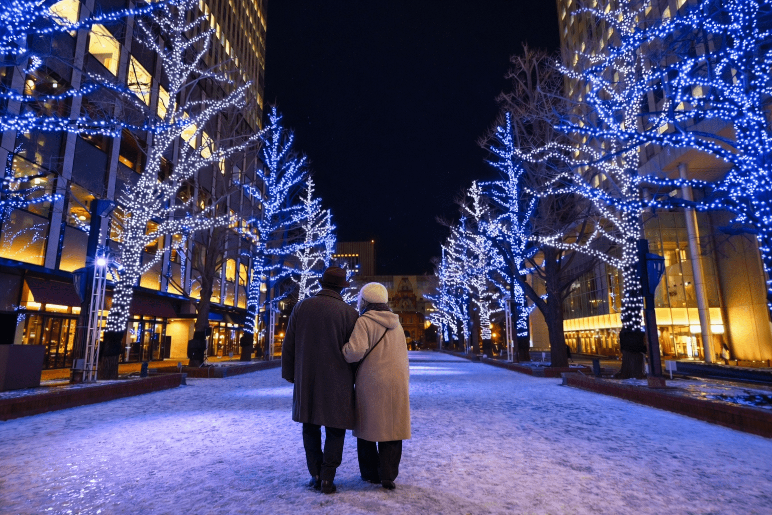 冬の札幌市のイルミネーションを仲良く歩いている老夫婦。