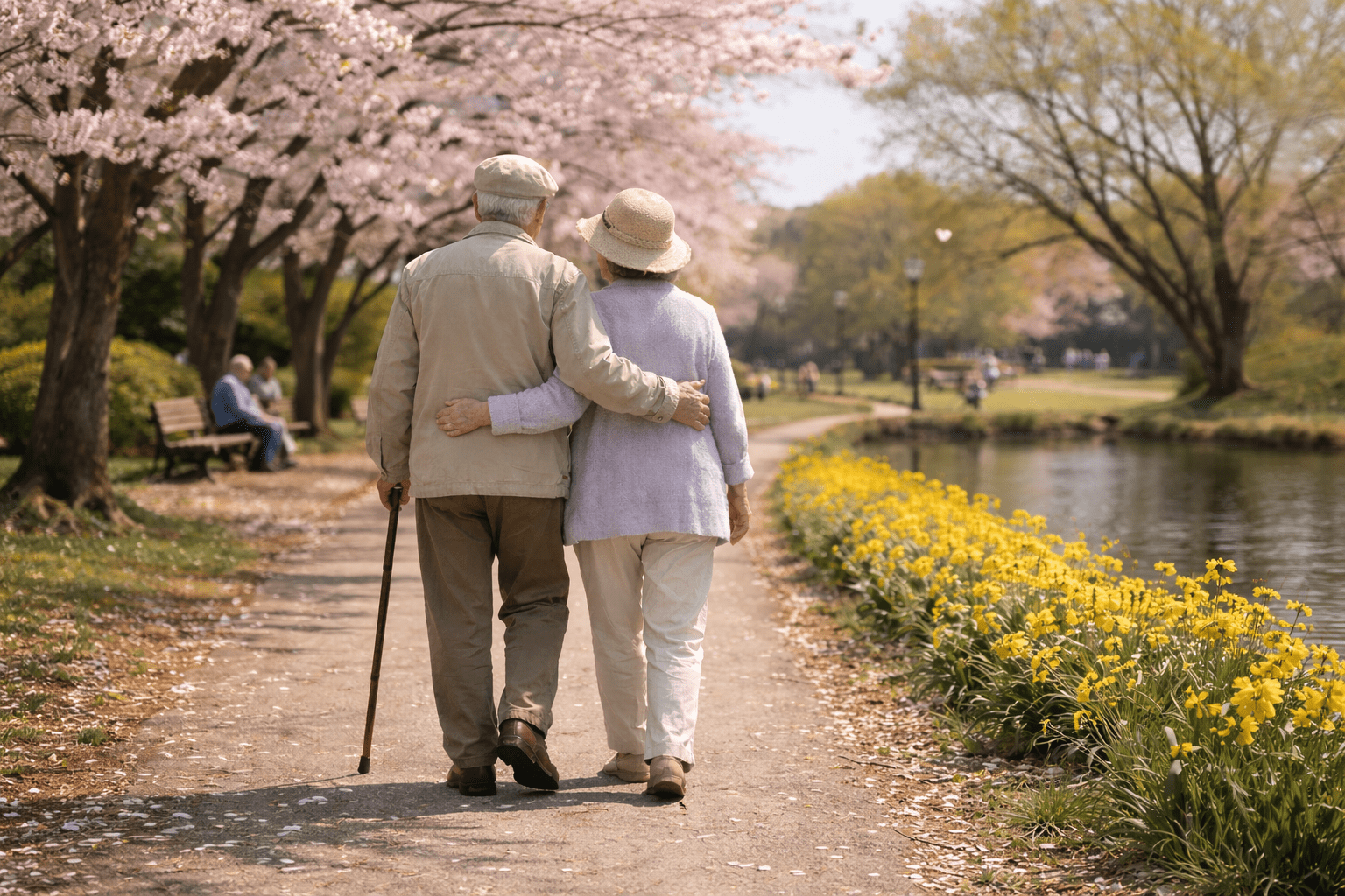 春の公園を仲睦まじく散歩している老夫婦の後ろ姿。